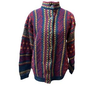 Jayson Younger Vintage Geometric Fair Isle Mock Neck Button Cardigan M Sweater